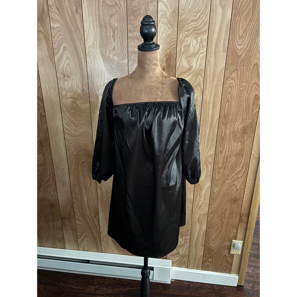 H&M Divided Black Satin Puff Sleeve Square Neck‎ Mini Dress XL NEW